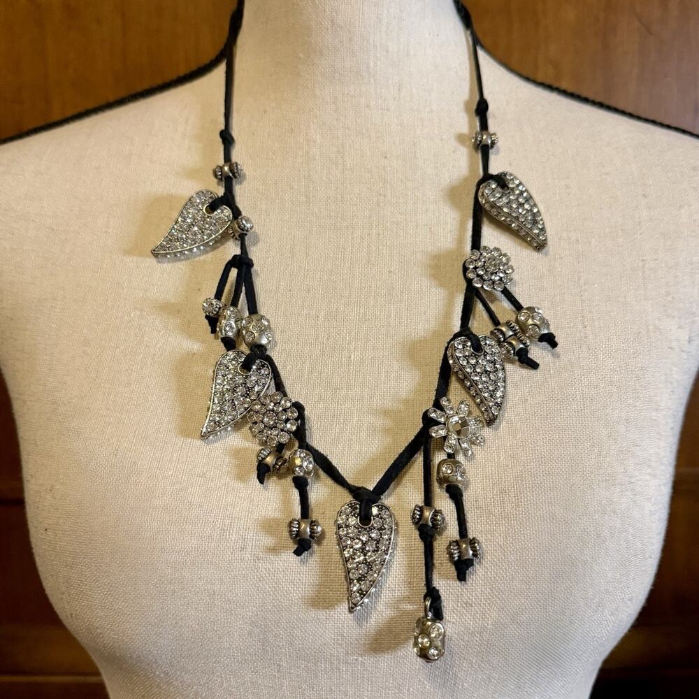 VTG BLV Multi Charm Rhinestone Silver Tone Chunky Hearts Flowers Black Necklace